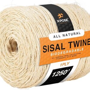 Sisal Twine - Thin Natural Fiber Rope on Spool - Rope for Cat Scratching Post, Cat Tree Replacement Parts, Pet Toy - Decorative Cordage, Pole Wrap (1, 1 Ply 1250 Ft.)